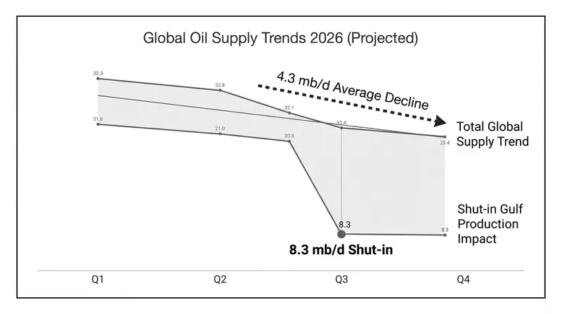 Global oil supply is projected to decline by an average of 4.3 mb/d throughout 2026.