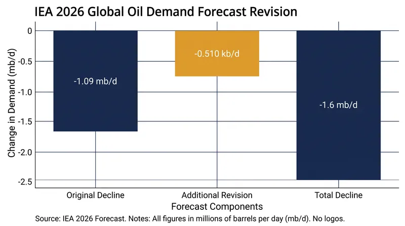 The IEA revised its 2026 global oil demand forecast downward by 510 kb/d in its August report.