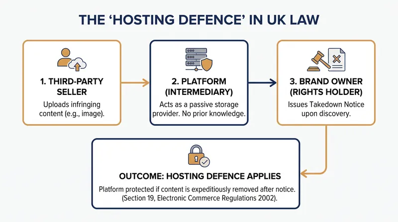 How the 'hosting defence' shields passive digital intermediaries from direct copyright liability.
