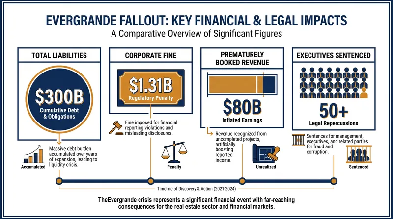 The financial scale of the Evergrande collapse and subsequent fraud convictions.