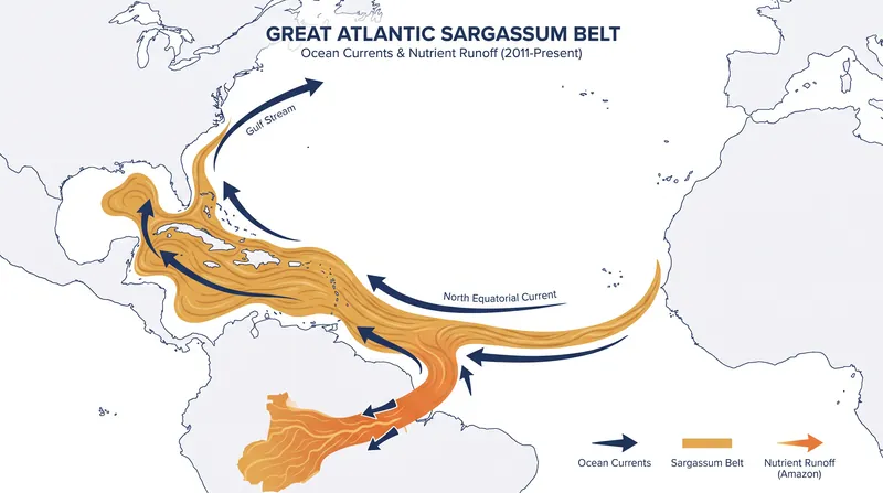 The Great Atlantic Sargassum Belt now spans over 5,000 miles across the tropical Atlantic.
