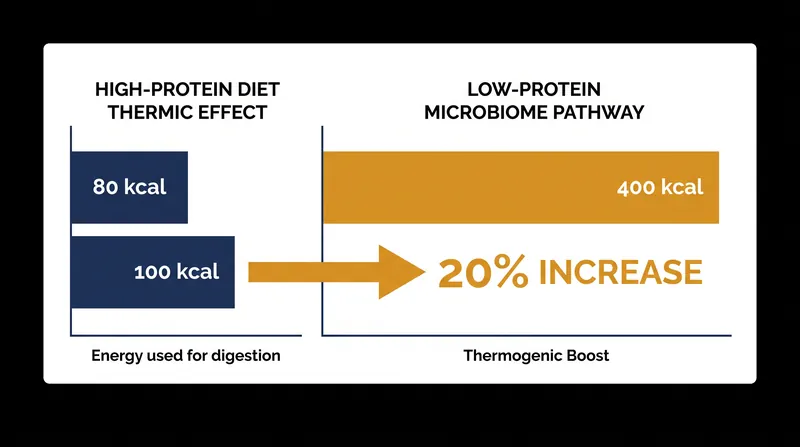 When amplified by the right gut bacteria, a low-protein diet can outpace the traditional thermic effect of protein by a factor of four.