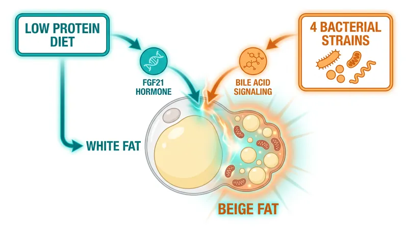 The gut microbiome acts as a relay team, sending two simultaneous signals to unlock the beige fat conversion.