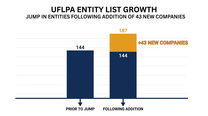 The addition of 43 companies represents a 30% increase, the largest single expansion since the UFLPA's enactment.