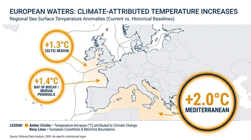 Human-induced climate change was responsible for approximately two-thirds of the excess heat observed in European seas.