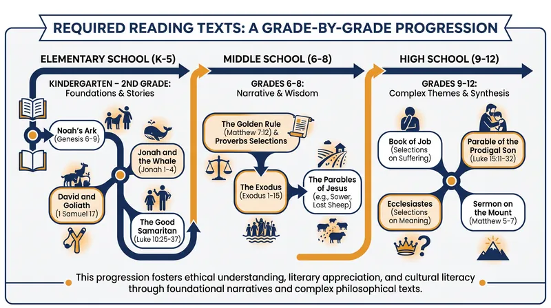 Biblical texts are integrated across all grade levels, from elementary picture books to high school philosophical analysis.