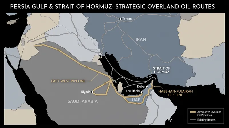Alternative oil shipping routes in the Persian Gulf that Iran has threatened to target.