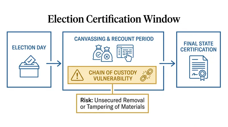 The critical window between Election Day and state certification when ballots and voting machines are most vulnerable to disruption.