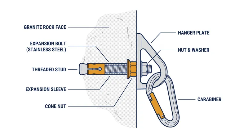 A standard fixed anchor consists of a stainless steel bolt and hanger drilled permanently into the rock.