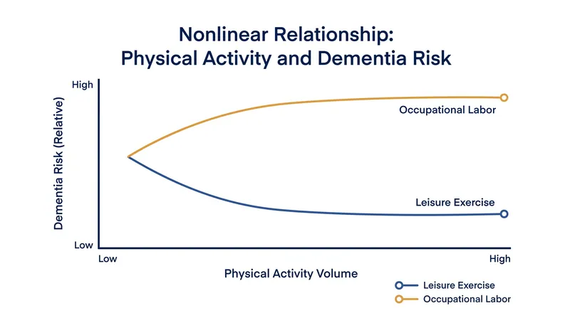 While the benefits of leisure exercise eventually plateau, the risks associated with manual labor compound with increased volume.