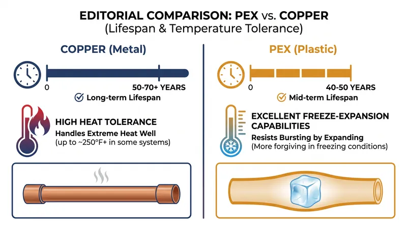 While copper offers a longer proven lifespan, PEX provides superior resistance to bursting during winter freezes.