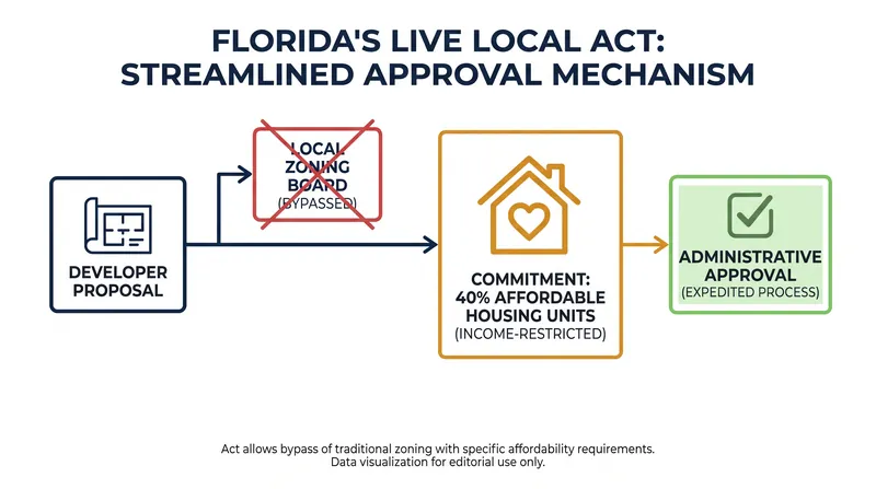 The core mechanism of the Live Local Act allows developers to bypass public hearings in exchange for affordability commitments.