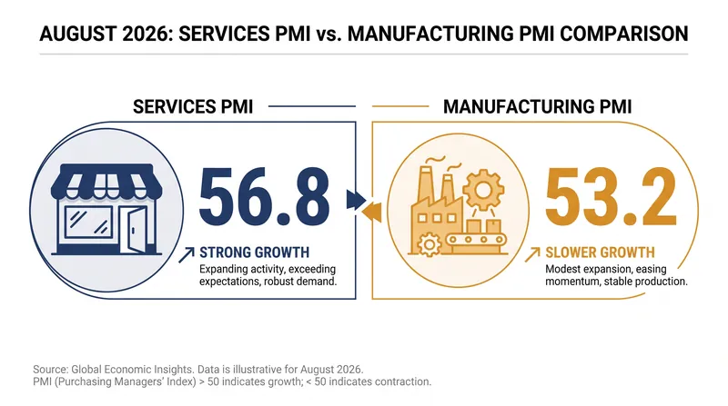 The August expansion was lopsided, with services hitting a 20-month high while manufacturing slipped to a five-month low.