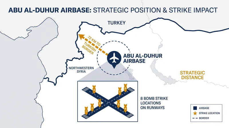 The Israeli airstrike targeted the Abu al-Duhur airbase, dropping eight bombs on the facility located 72 kilometers from the Turkish border.