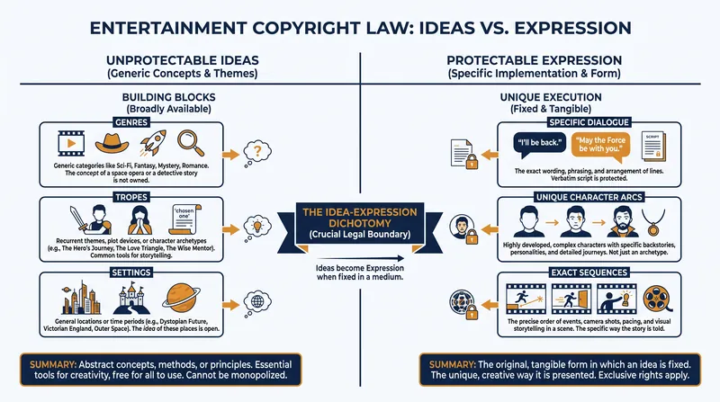 The 'Idea-Expression Dichotomy' dictates that broad concepts cannot be copyrighted, only specific executions.