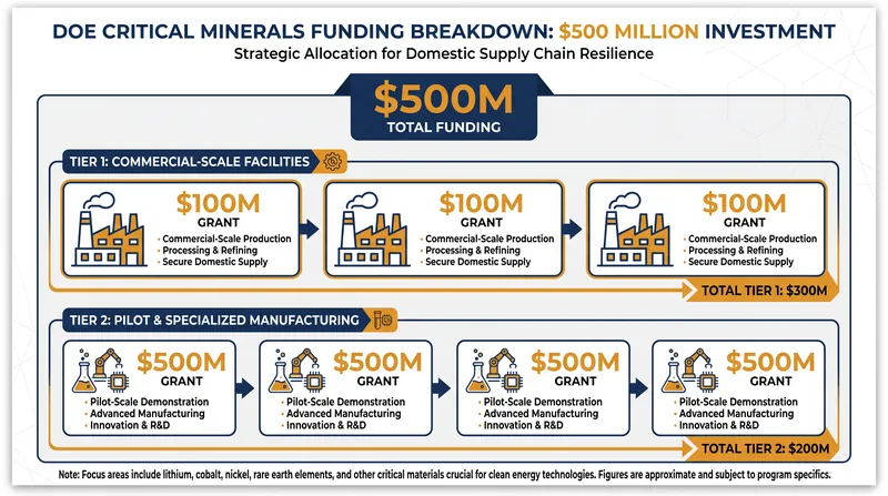 The funding is divided into two tiers targeting large-scale commercial facilities and specialized downstream manufacturing.