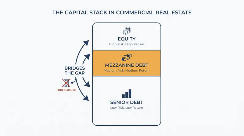 Mezzanine capital acts as a bridge, allowing property owners to restructure debt without losing the asset to foreclosure.
