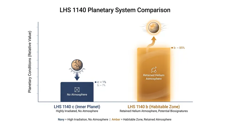 The inner planet LHS 1140 c lost its atmosphere to stellar radiation, while LHS 1140 b's wider orbit allowed its atmosphere to survive.