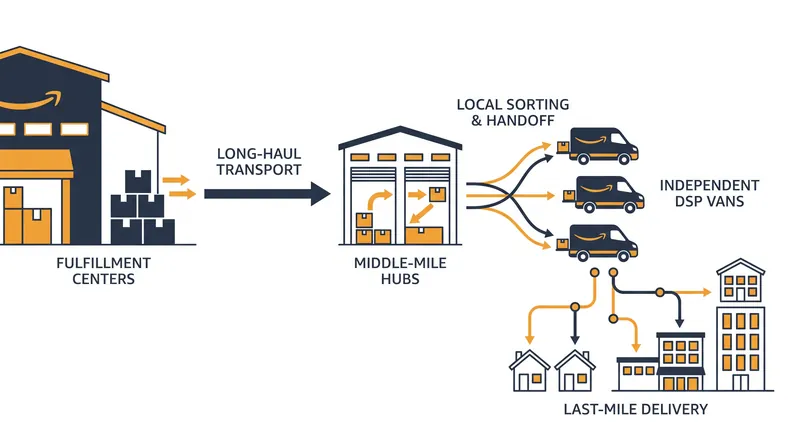 Amazon's decentralized logistics model relies on thousands of independent local contractors.