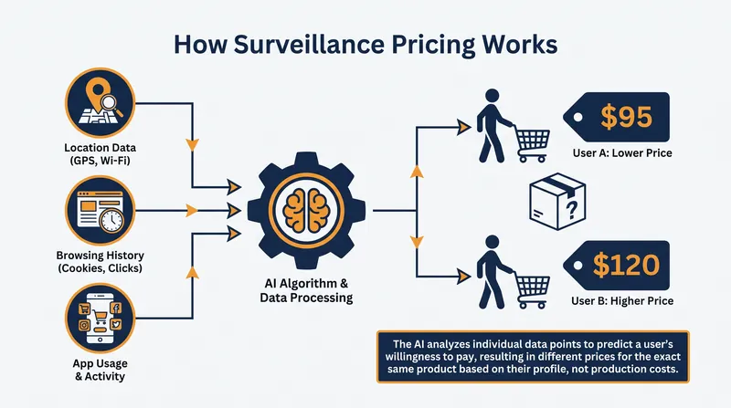 Surveillance pricing uses personal data to determine the maximum an individual is willing to pay.