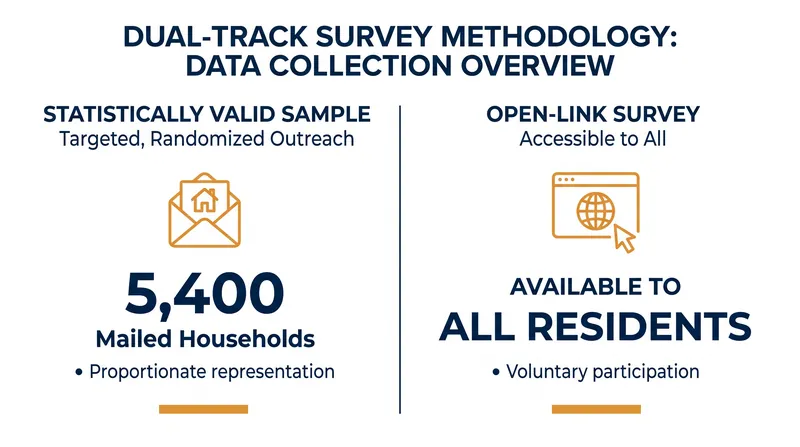 The city utilized a dual-track survey approach to capture both a representative sample and open community feedback.