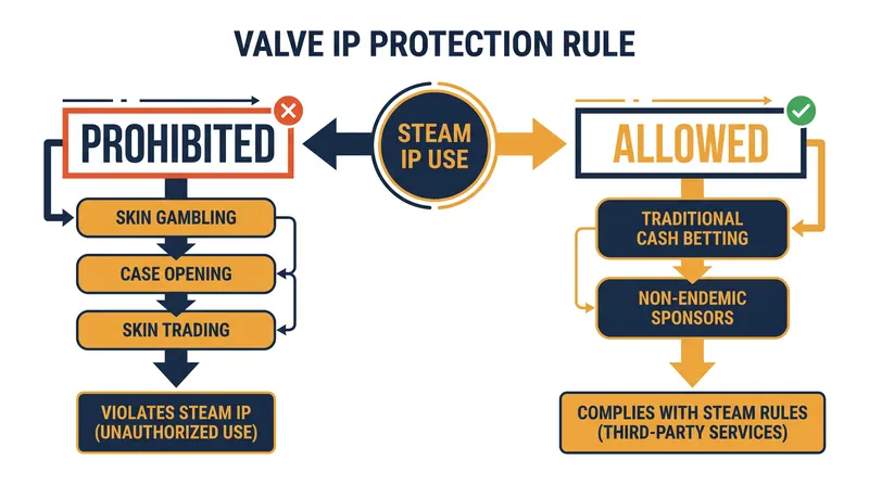 How Valve's Tournament Operation Requirements separate prohibited skin sites from allowed traditional sportsbooks.