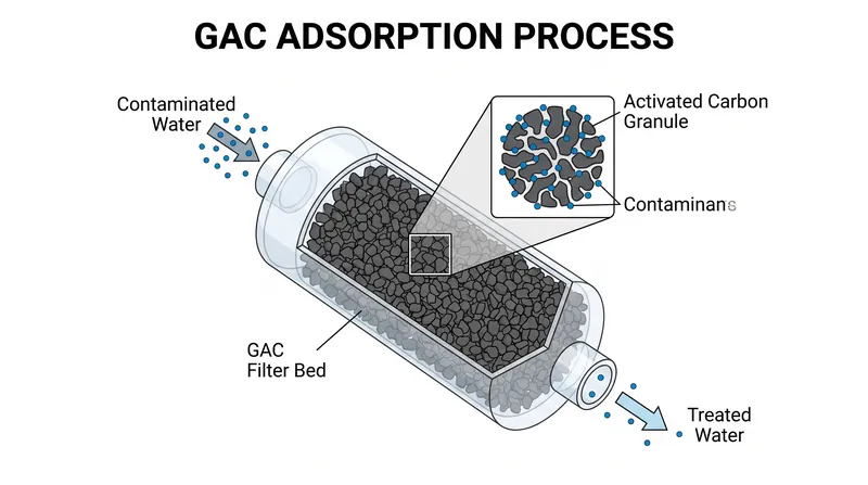 Granular Activated Carbon physically and chemically traps PFAS compounds as water flows through the filter bed.