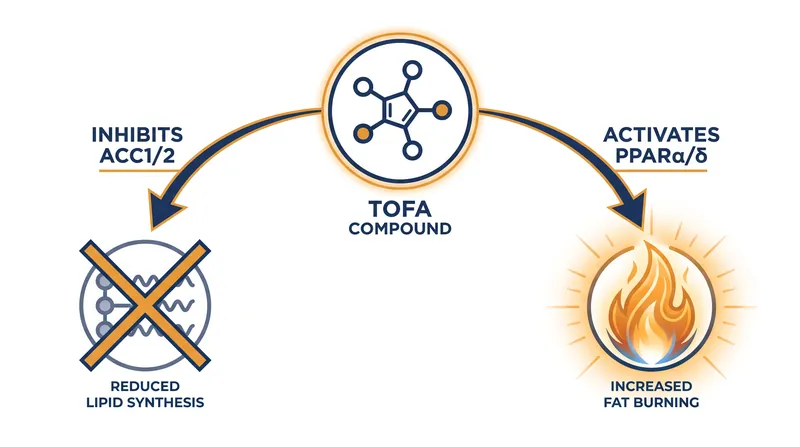 TOFA operates through a dual mechanism: blocking the production of new fats while activating genetic pathways that burn existing fat.
