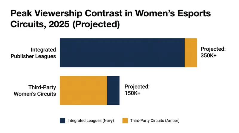 Publisher-backed ecosystems like MLBB and Valorant Game Changers have significantly outpaced third-party circuits in viewership.