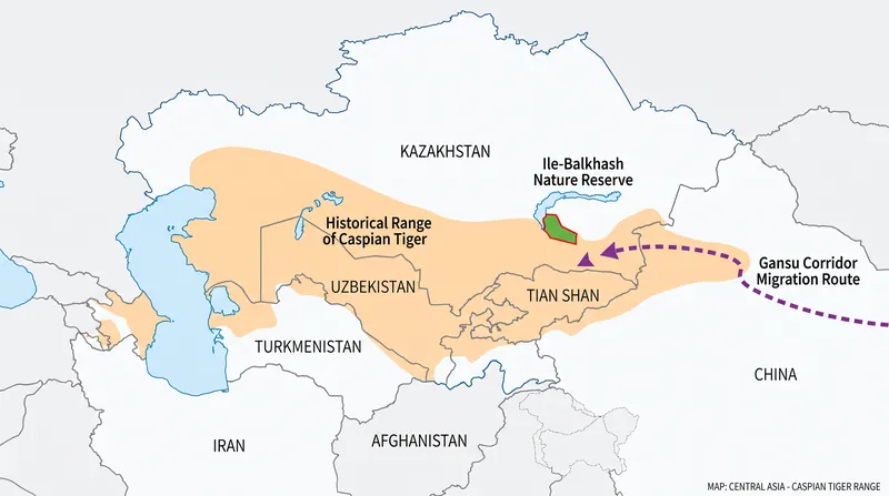 The historical range of the Caspian tiger and the location of the new reintroduction effort in the Ili River delta.