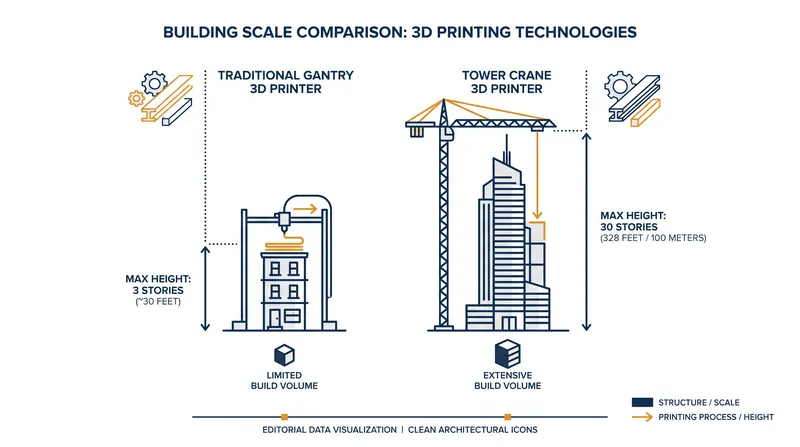 Tower crane integration allows 3D printing to scale vertically, bypassing the height limits of traditional gantry frames.