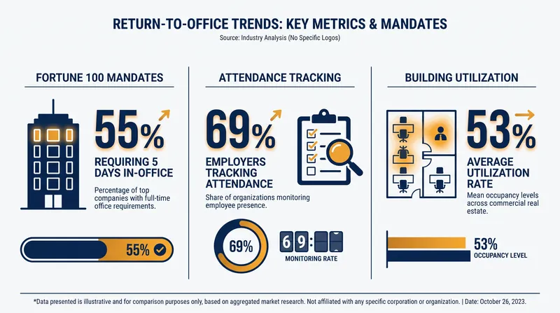 Despite a surge in strict attendance mandates, actual office utilization remains near half of total capacity.