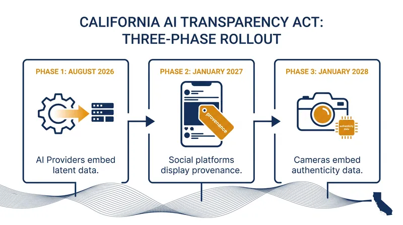 The AI Transparency Act rolls out in three distinct phases, shifting the burden from creators to distributors and hardware manufacturers.