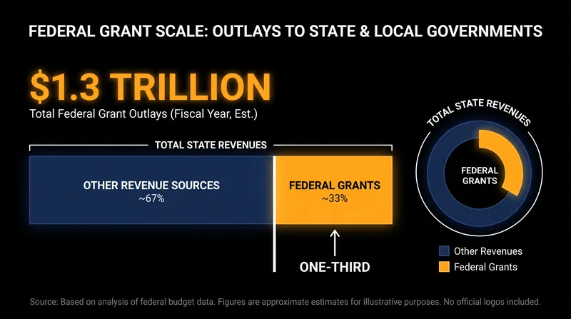 Federal grants constitute a massive portion of state budgets, creating significant financial leverage.
