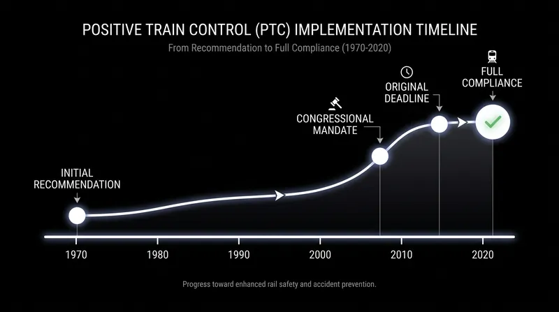 The 50-year timeline from the NTSB's initial recommendation to full industry compliance for Positive Train Control.