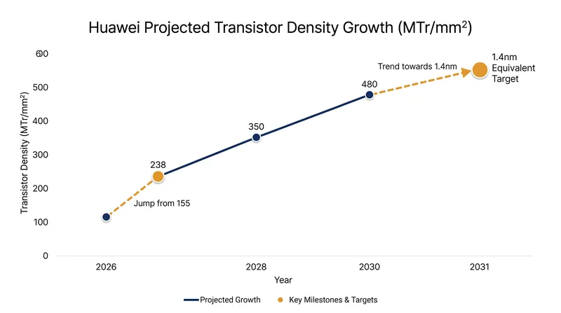 Huawei projects its LogicFolding architecture will reach 1.4-nanometer equivalent density by 2031.