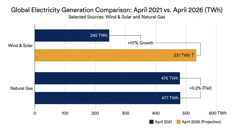 Over a five-year period, wind and solar generation more than doubled while natural gas output remained effectively flat.