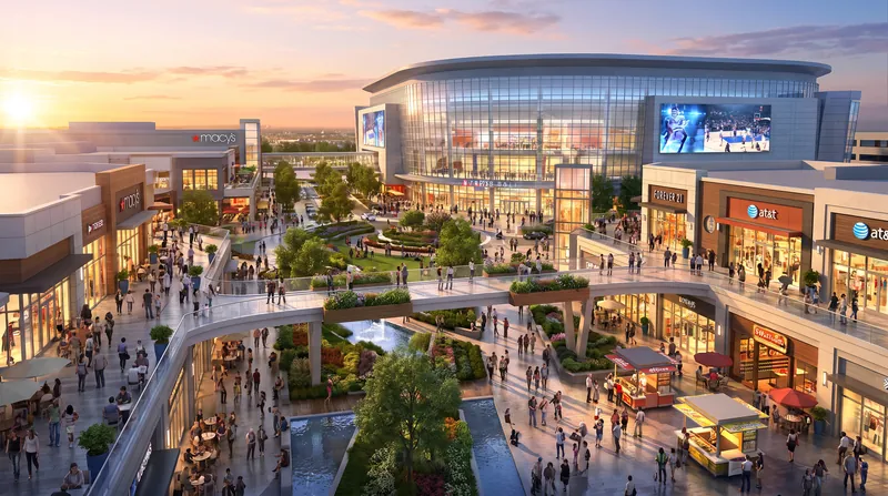 Renderings of the proposed district feature extensive public greenspaces, a MARTA transit connection, and a 20,000-seat arena.