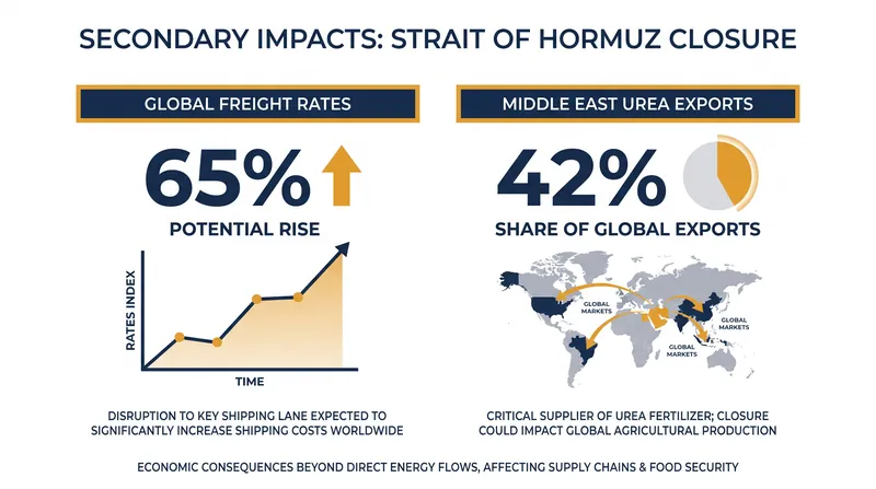 The supply shock extends far beyond crude oil, severely impacting global freight costs and agricultural fertilizer availability.