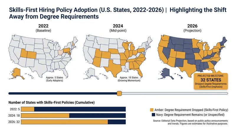 The adoption of skills-first hiring policies has expanded rapidly across state governments since 2022.