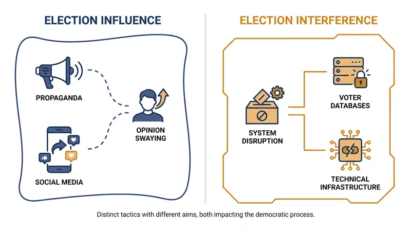 The intelligence community draws a sharp distinction between broad influence campaigns and direct technical interference.