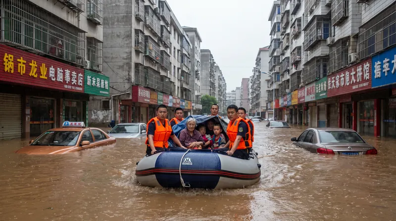 Emergency personnel navigate submerged streets in Nanning to evacuate stranded residents.