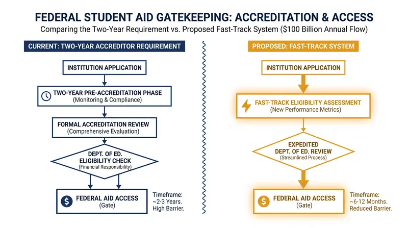 The proposed rule eliminates the two-year experience requirement for new accreditors, lowering the barrier to entry.