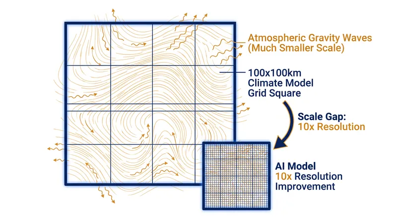 Traditional climate models use grid squares too large to capture gravity waves, a gap the new AI models bridge.