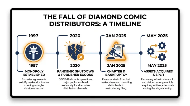 The timeline of events that led to the collapse and subsequent sale of the distribution monopoly.