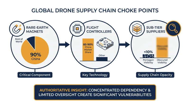 Critical vulnerabilities in the drone supply chain are concentrated in sub-tier components and raw materials.