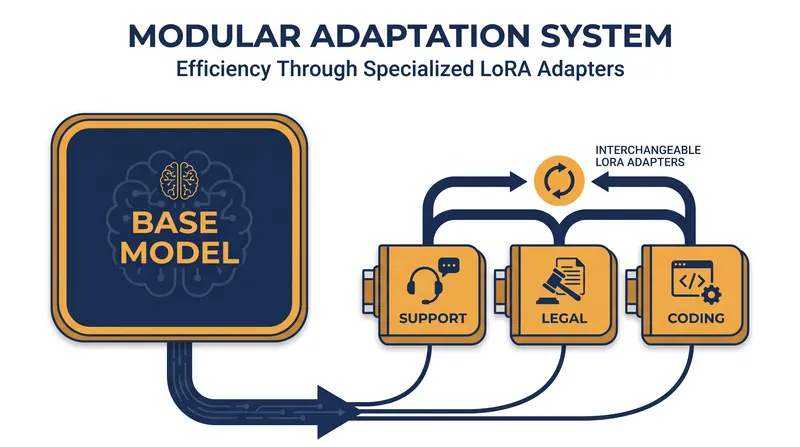 Because LoRA adapters are lightweight, multiple specialized adapters can be swapped dynamically on top of a single frozen base model.