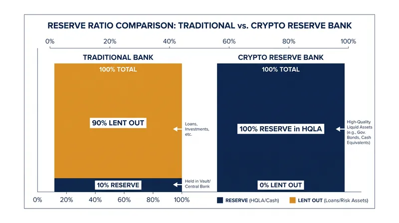 Unlike traditional banks, a crypto reserve bank does not lend out deposits, eliminating the money multiplier effect.