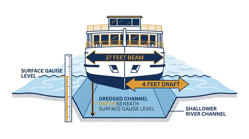 The specialized dimensions of a European river cruise ship compared to the dredged navigable channel.