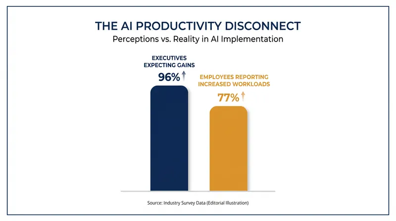 A massive gap exists between executive expectations of AI productivity and the reality of employee workloads.